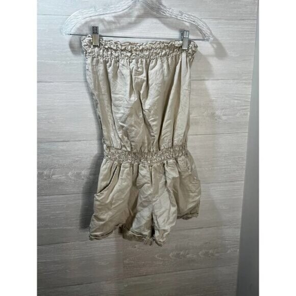 Beige Strapless Romper With Smocked Waist & Pockets Size S Lightweight Cotton Bl - Picture 2 of 7